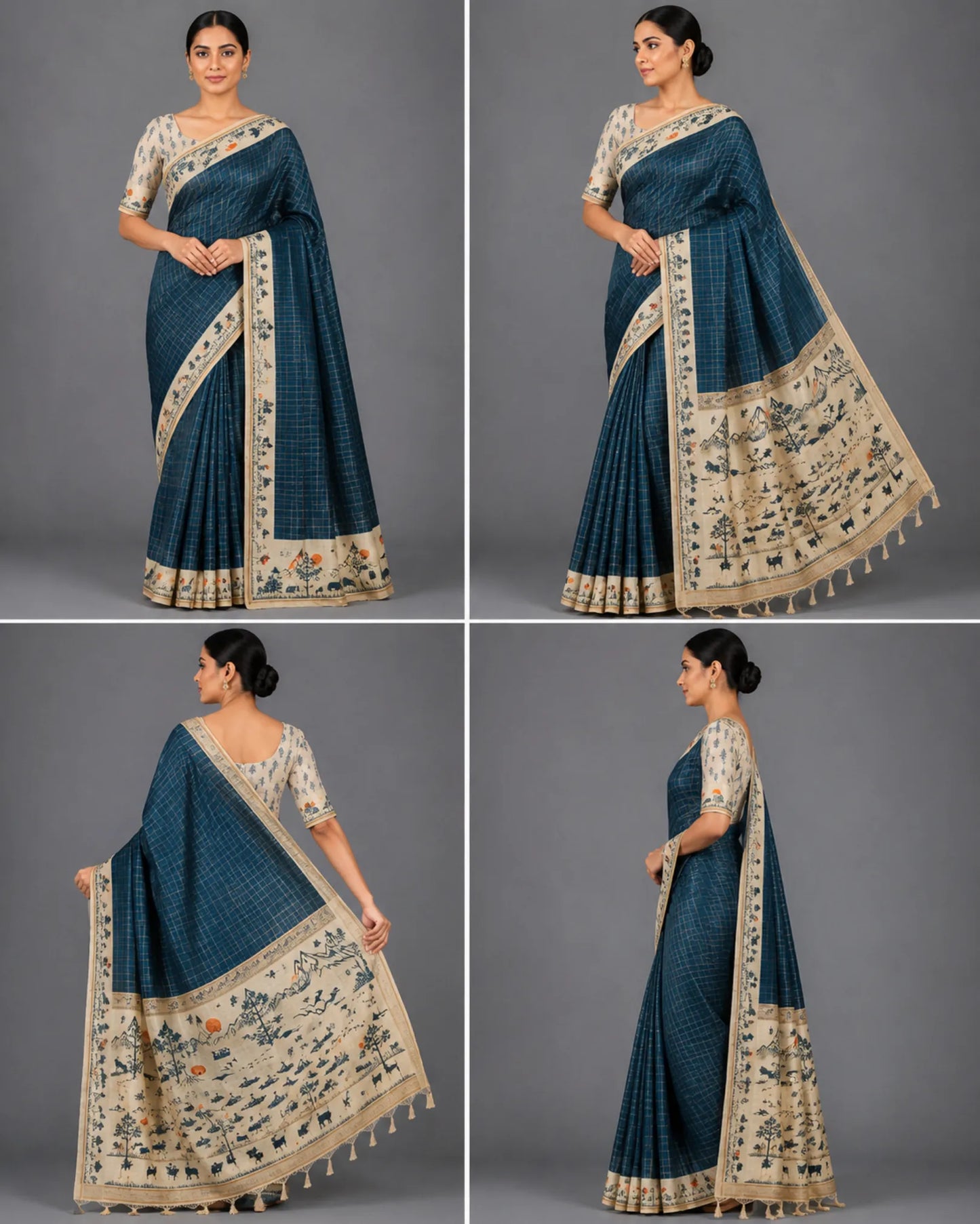 Dark Teal Muniya Tussar Silk Saree with Heritage Digital Print