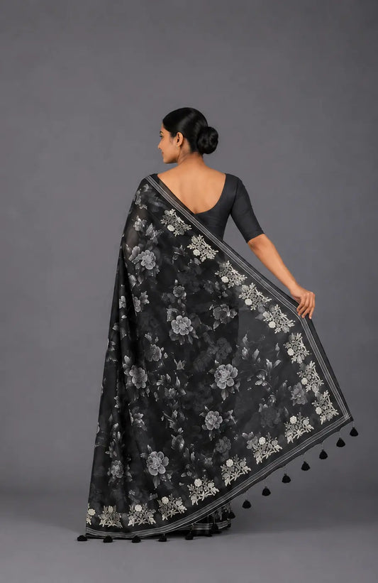 Midnight Black Pure Organza Saree with White Floral Digital Print