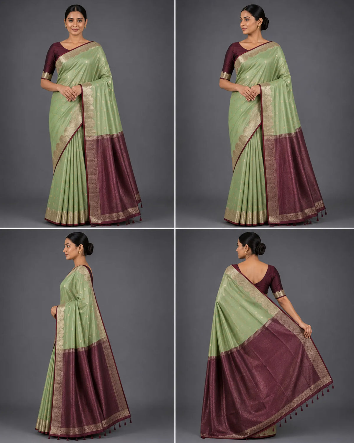 Muted Mint Green Pure Soft Silk Saree with Maroon Contrast Pallu
