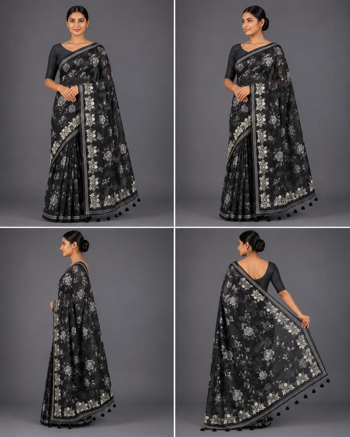 Midnight Black Pure Organza Saree with White Floral Digital Print