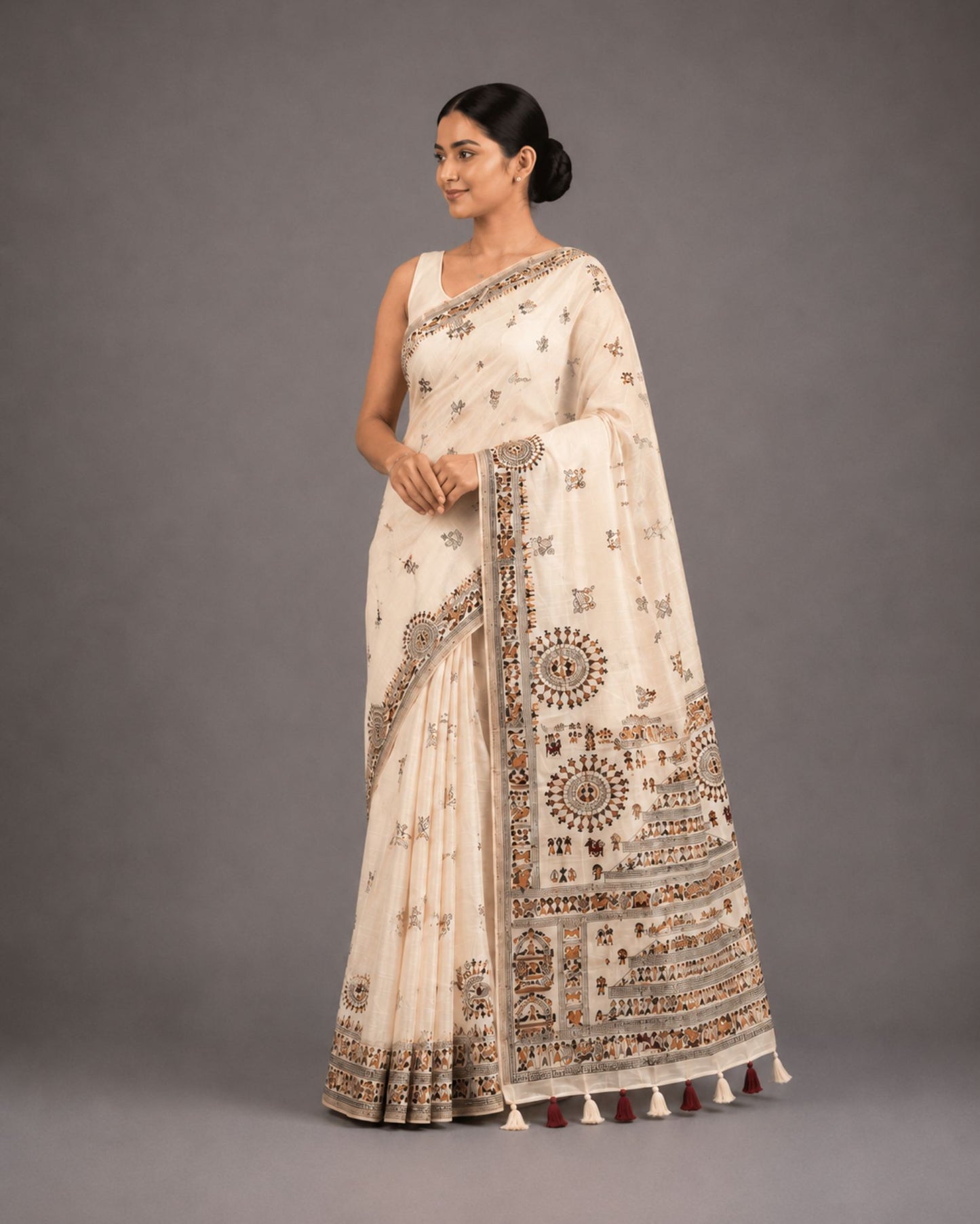 Cream Heritage Print Dupion Silk Saree