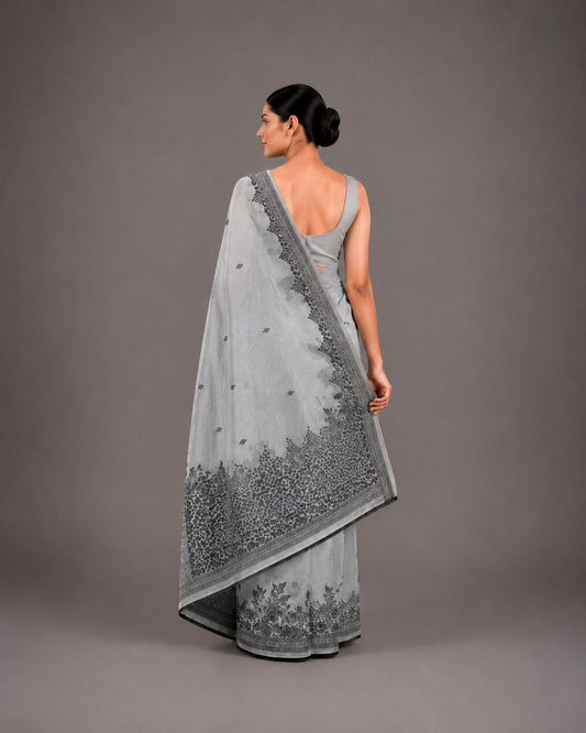 Ash Grey Mix Chanderi Cotton Saree with Woven Floral Border