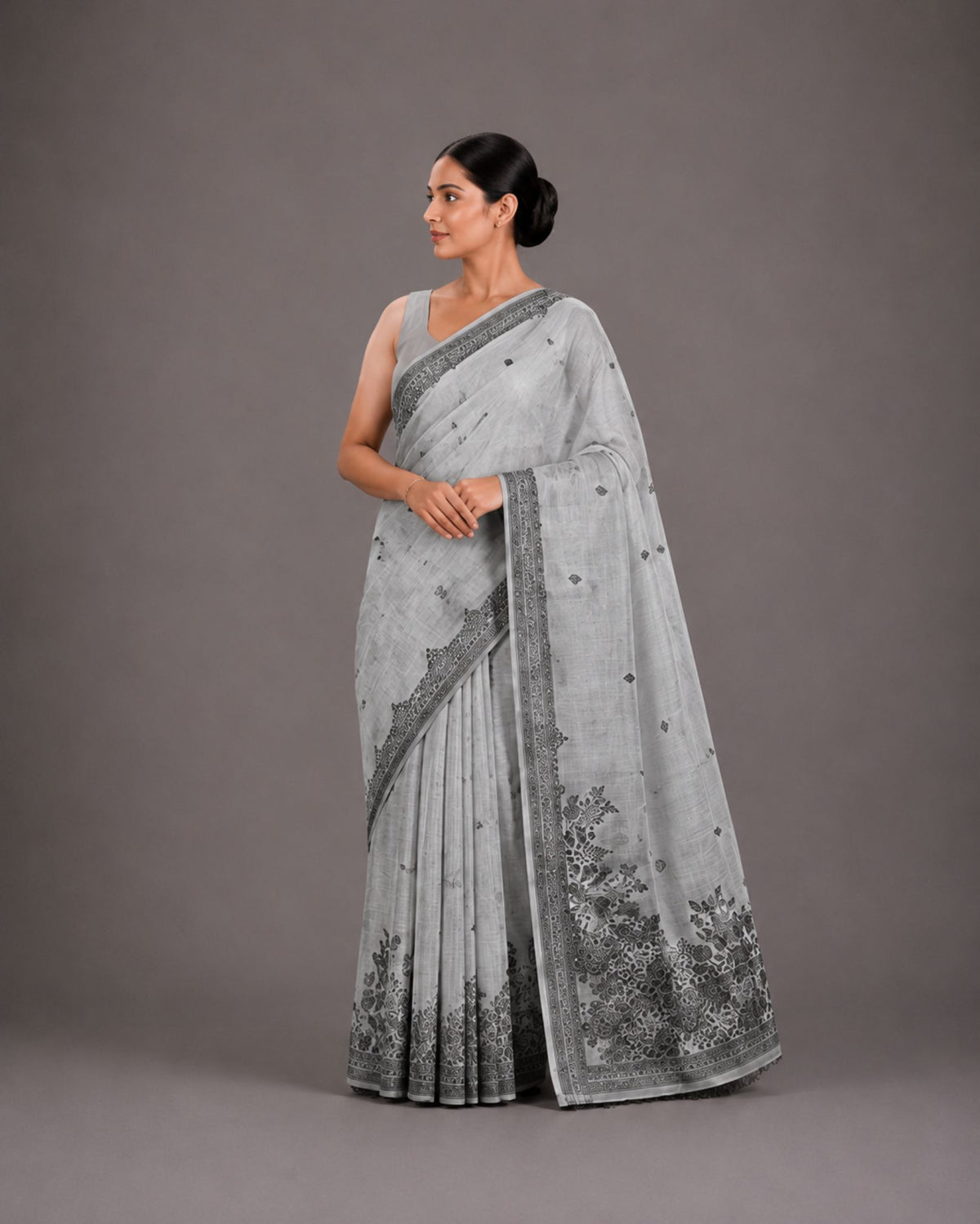 Ash Grey Mix Chanderi Cotton Saree with Woven Floral Border