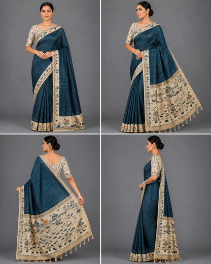 Dark Teal Muniya Tussar Silk Saree with Heritage Digital Print