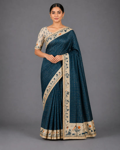Dark Teal Muniya Tussar Silk Saree with Heritage Digital Print