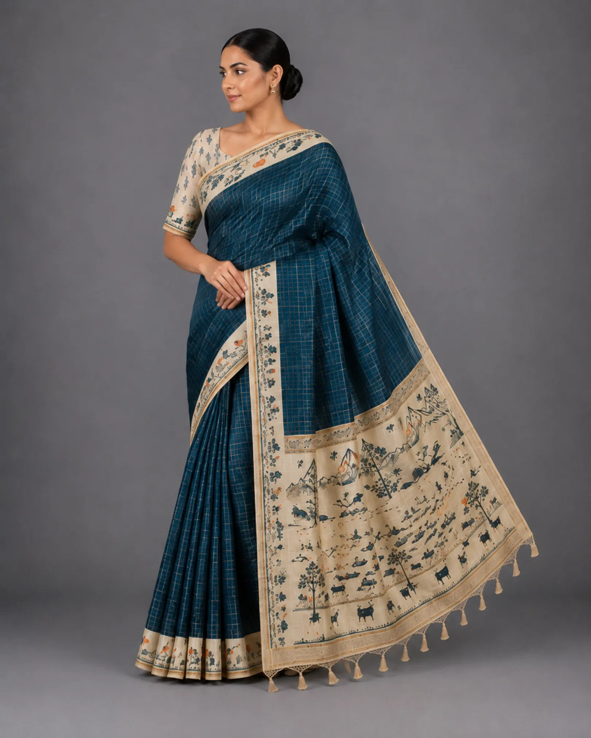 Dark Teal Muniya Tussar Silk Saree with Heritage Digital Print