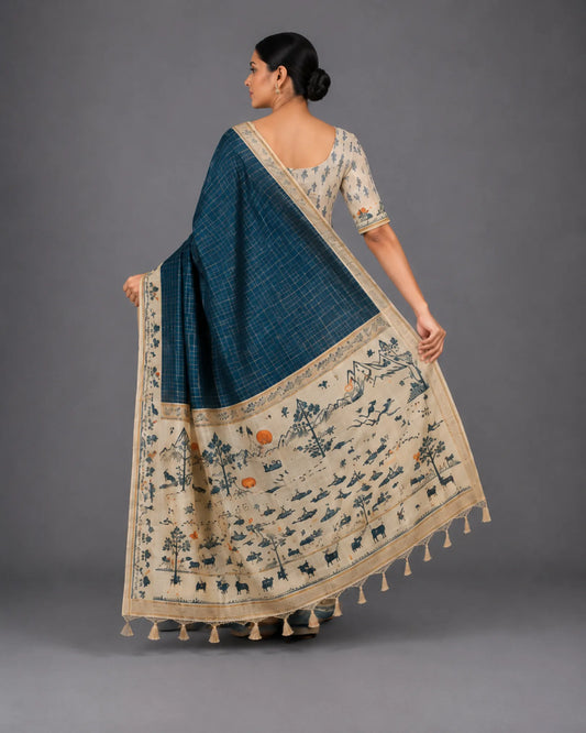 Dark Teal Muniya Tussar Silk Saree with Heritage Digital Print