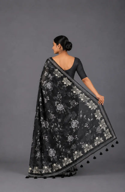 Midnight Black Pure Organza Saree with White Floral Digital Print