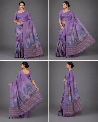 Dark Lavender Mulcotton Saree with Peacock Digital Print