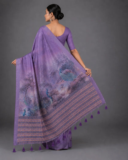 Dark Lavender Mulcotton Saree with Peacock Digital Print