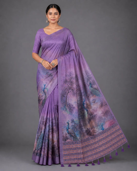 Dark Lavender Mulcotton Saree with Peacock Digital Print