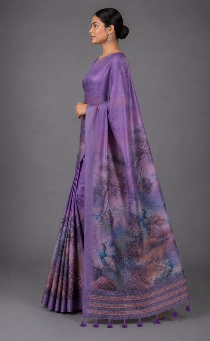 Dark Lavender Mulcotton Saree with Peacock Digital Print