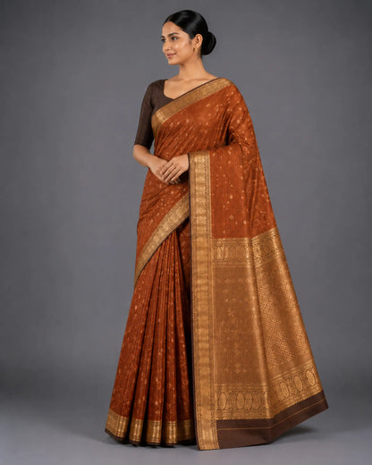 Rust Orange Powerloom Silk Saree with Kanjivaram Border