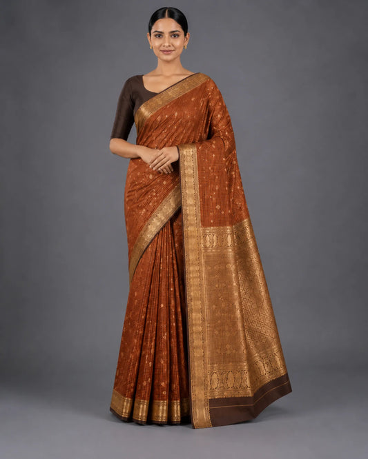 Rust Orange Powerloom Silk Saree with Kanjivaram Border