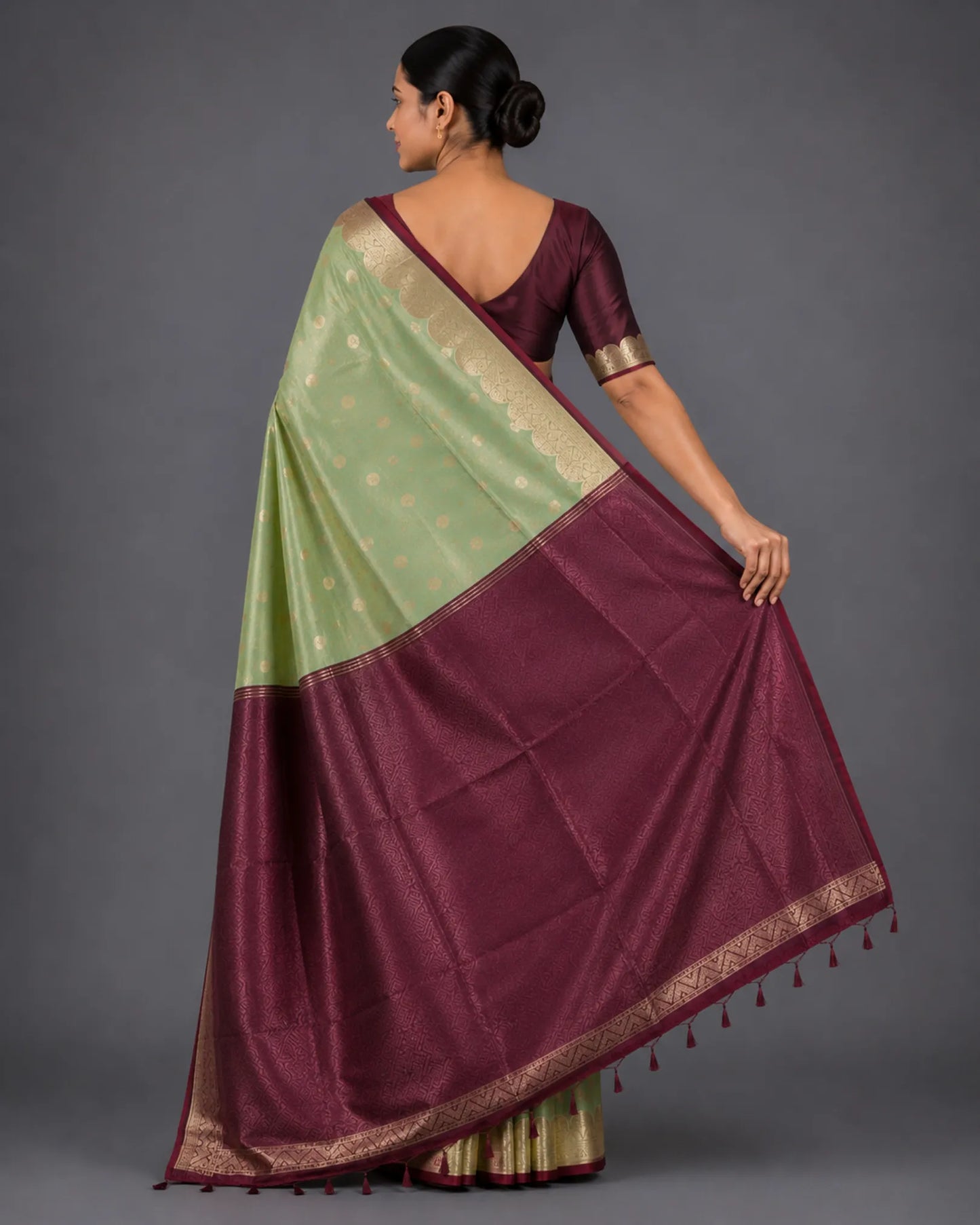 Muted Mint Green Pure Soft Silk Saree with Maroon Contrast Pallu
