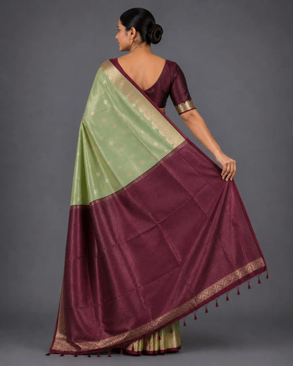 Muted Mint Green Pure Soft Silk Saree with Maroon Contrast Pallu