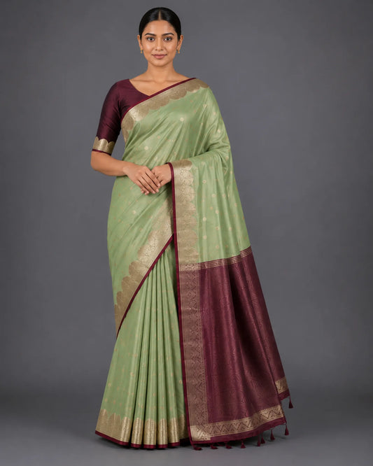 Muted Mint Green Pure Soft Silk Saree with Maroon Contrast Pallu