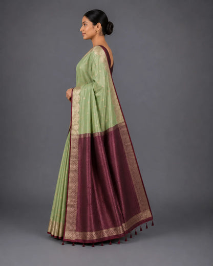 Muted Mint Green Pure Soft Silk Saree with Maroon Contrast Pallu