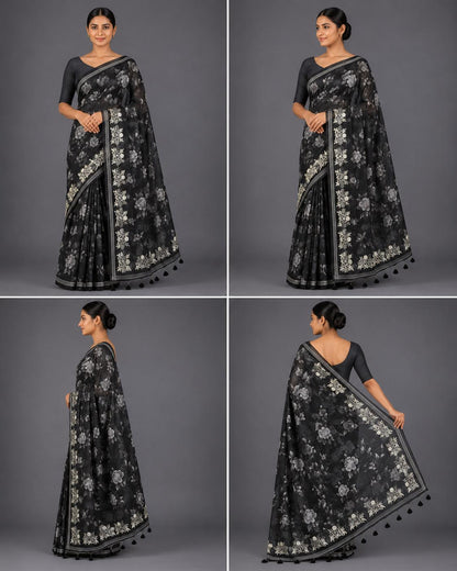 Midnight Black Pure Organza Saree with White Floral Digital Print