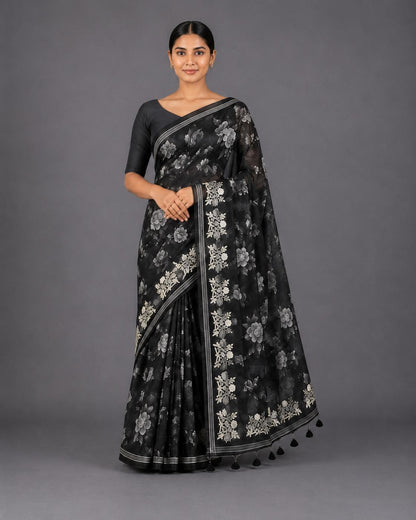Midnight Black Pure Organza Saree with White Floral Digital Print