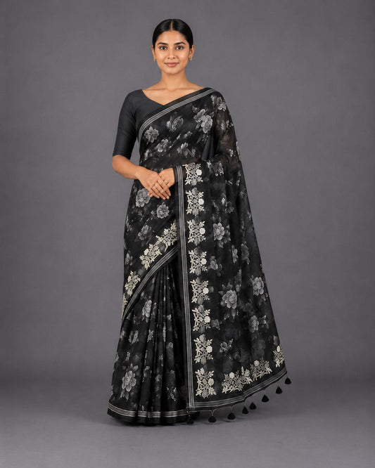 Midnight Black Pure Organza Saree with White Floral Digital Print