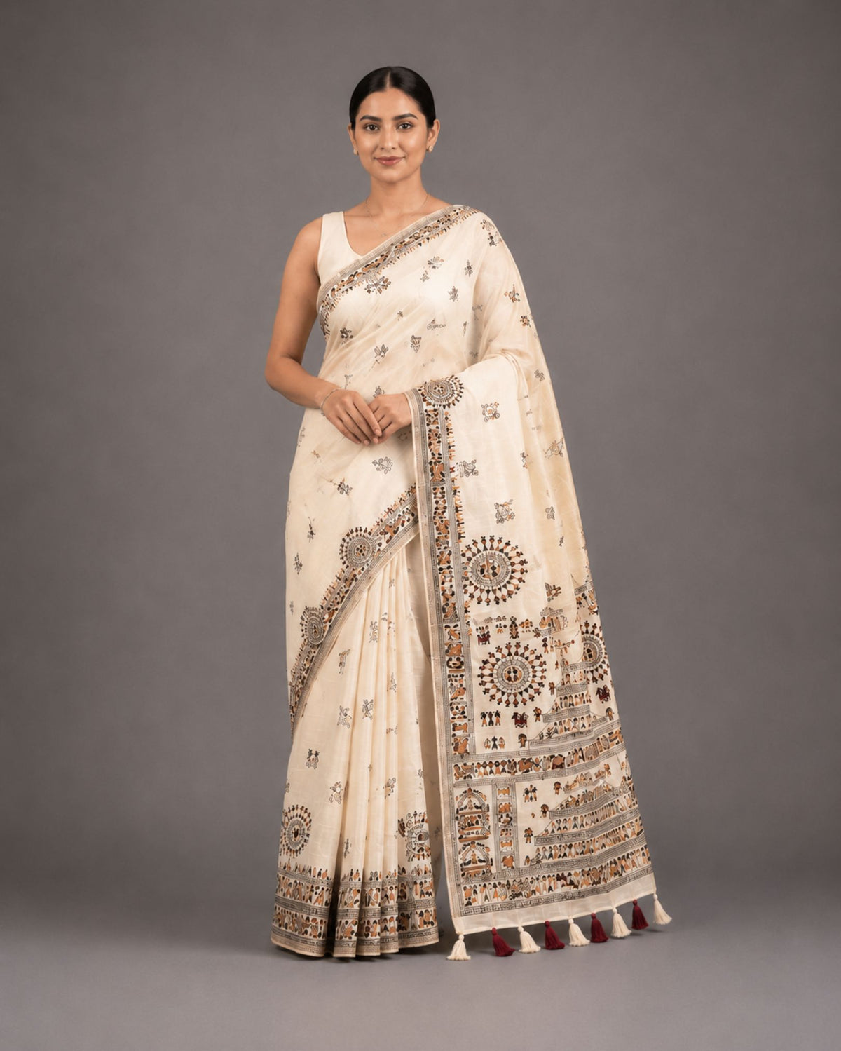 Cream Heritage Print Dupion Silk Saree