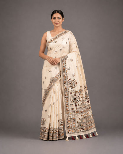 Cream Heritage Print Dupion Silk Saree