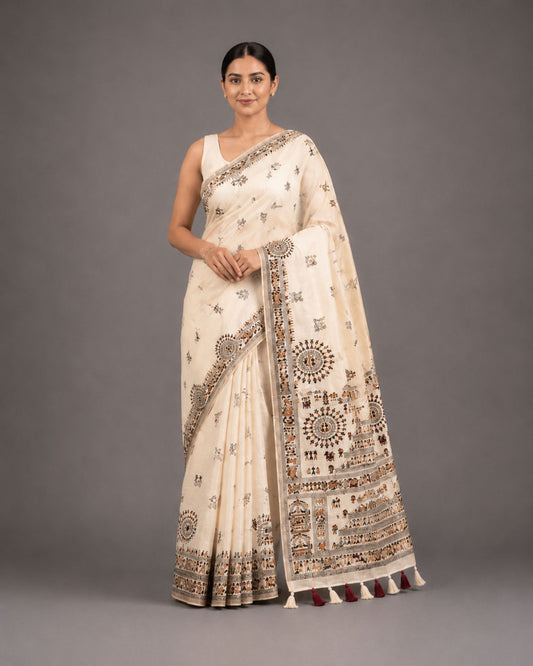 Cream Heritage Print Dupion Silk Saree