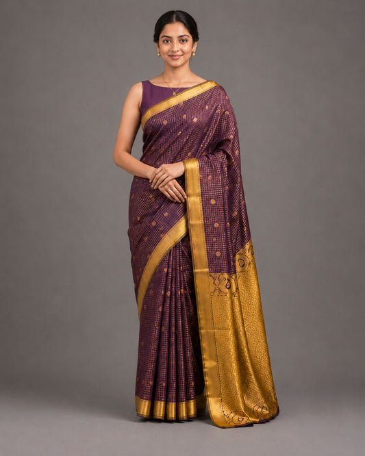 Deep Purple Powerloom Silk Saree with Gold Bentex Border