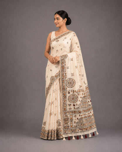 Cream Heritage Print Dupion Silk Saree