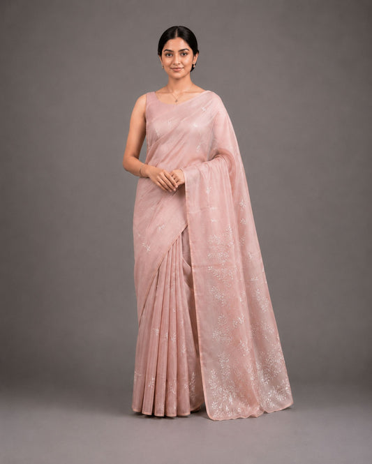 Blush Peach Semi Tussar Silk Saree with Self Floral Embroidery