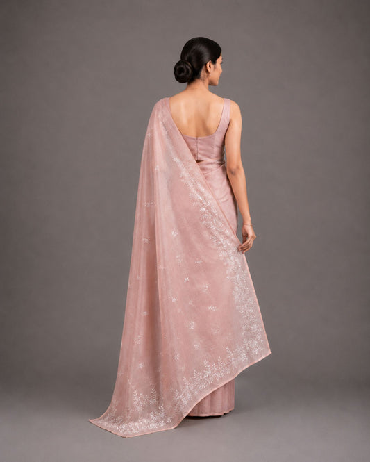 Blush Peach Semi Tussar Silk Saree with Self Floral Embroidery