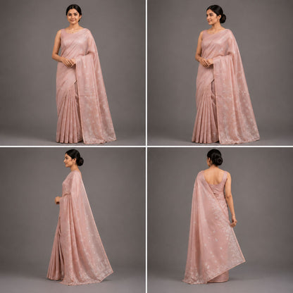 Blush Peach Semi Tussar Silk Saree with Self Floral Embroidery