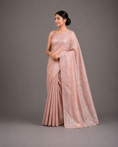 Blush Peach Semi Tussar Silk Saree with Self Floral Embroidery