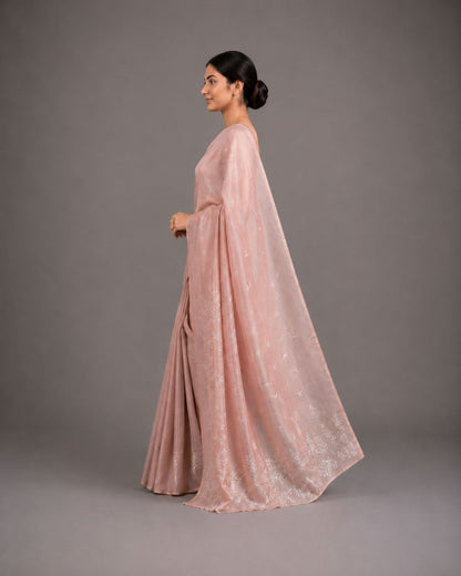 Blush Peach Semi Tussar Silk Saree with Self Floral Embroidery