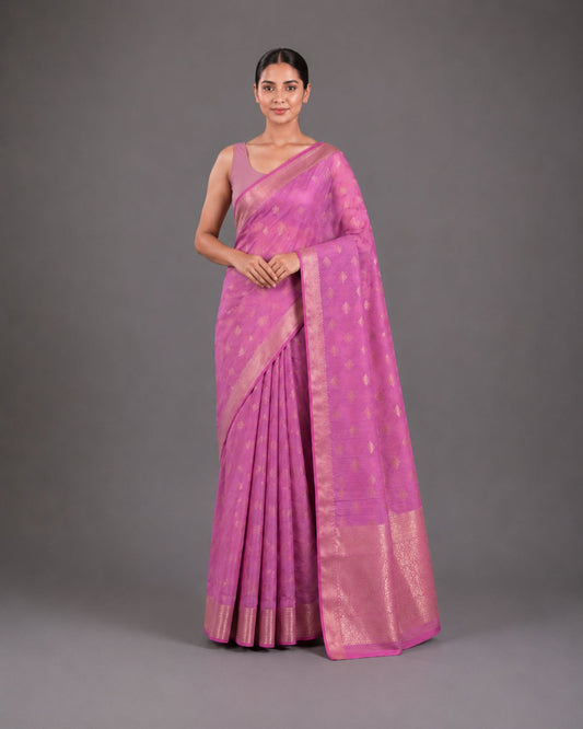 Pink Soft Crepe Silk Saree with Woven Zari Butis
