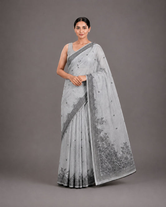 Ash Grey Mix Chanderi Cotton Saree with Woven Floral Border