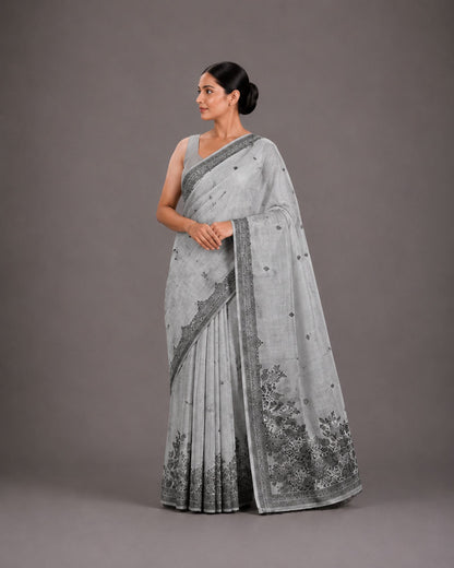 Ash Grey Mix Chanderi Cotton Saree with Woven Floral Border